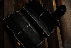 Handmade leather biker trucker wallet black skull floral leather chain men Carved Tooled wallet