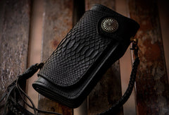 Handmade leather biker chain trucker wallet leather men Black snake skin Tooled wallet