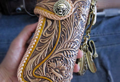 Handmade beige brown leather floral carved biker wallet Long wallet clutch for men