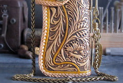 Handmade beige brown leather floral carved biker wallet Long wallet clutch for men