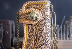 Handmade beige brown leather floral carved biker wallet Long wallet clutch for men - EverHandmade