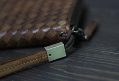 Handmade Men long leather wallet clutch men braided vintage gray brown wallet for him