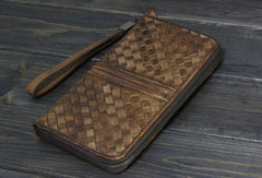 Handmade Men long leather wallet clutch men braided vintage gray brown wallet for him