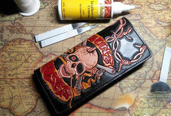 Handmade Long leather wallet men guns & roses skull black tooled carved long wallet for him - EverHandmade