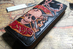 Handmade Long leather wallet men guns & roses skull black tooled carved long wallet for him - EverHandmade
