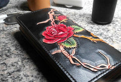 Handmade Long leather wallet men guns & roses skull black tooled carved long wallet for him - EverHandmade