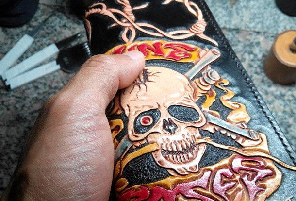 Handmade Long leather wallet men guns & roses skull black tooled carve