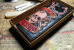 Handmade Long leather wallet men guns & roses skull black tooled carved long wallet for him - EverHandmade