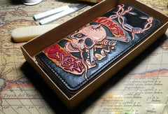Handmade Long leather wallet men guns & roses skull black tooled carved long wallet for him
