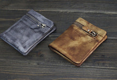 Handmade Men leather small wallet men vintage brown gray billfold wallet for him
