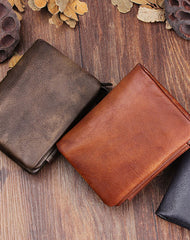 Vintage Mens Cool Small Leather Trifold Wallet Men billfold Zipper Wallets for Men