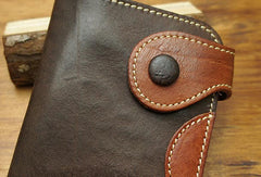 Handmade biker leather wallet with chain coffee red brown billfold wallet purse for men - EverHandmade