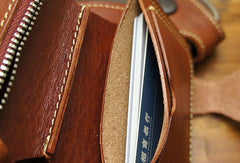 Handmade biker leather wallet with chain coffee red brown billfold wallet purse for men - EverHandmade