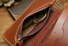 Handmade biker leather wallet with chain coffee red brown billfold wallet purse for men