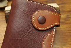 Handmade biker leather wallet with chain coffee red brown billfold wallet purse for men - EverHandmade