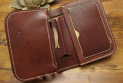 Handmade biker leather wallet with chain coffee red brown billfold wallet purse for men - EverHandmade