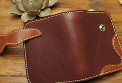 Handmade biker leather wallet with chain coffee red brown billfold wallet purse for men - EverHandmade