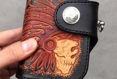 Handmade biker wallet leather carved black skull billfold biker wallet bifold purse for men