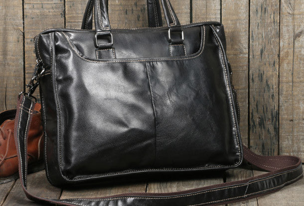 Cool Black Leather mens Briefcases Shoulder Laptop Briefcase Shoulder bag - EverHandmade