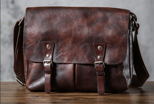 Leather cool men messenger bag vintage shoulder school bags for men - EverHandmade
