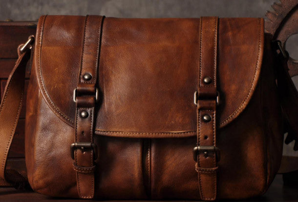 Handmade leather men Briefcase messenger vintage shoulder laptop bag v