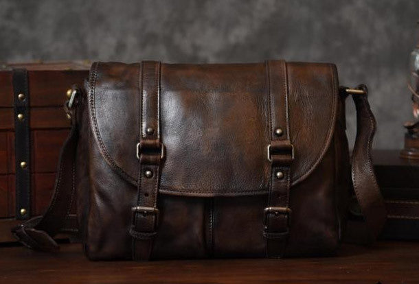 Handmade leather men Briefcase messenger vintage shoulder laptop bag v