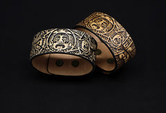 Handmade leather Mayan solar calendar carved leather bracelet accessories men - EverHandmade