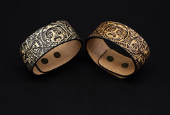 Handmade leather Mayan solar calendar carved leather bracelet accessories men - EverHandmade