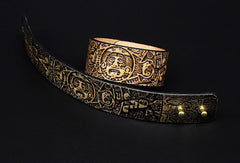 Handmade leather Mayan solar calendar carved leather bracelet accessories men - EverHandmade