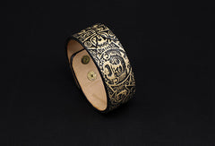 Handmade leather Mayan solar calendar carved leather bracelet accessories men - EverHandmade