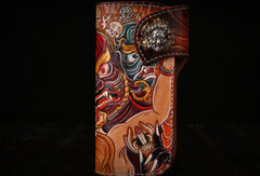 Handmade Long leather biker wallet trucker leather chain God Mahakala Carved Tooled wallet - EverHandmade