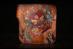 Handmade Long leather biker wallet trucker leather chain God Mahakala Carved Tooled wallet - EverHandmade