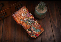 Handmade Long leather biker wallet trucker leather chain God Mahakala Carved Tooled wallet - EverHandmade