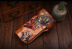 Handmade Long leather biker wallet trucker leather chain God Mahakala Carved Tooled wallet - EverHandmade