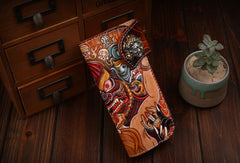Handmade Long leather biker wallet trucker leather chain God Mahakala Carved Tooled wallet - EverHandmade