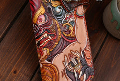 Handmade Long leather biker wallet trucker leather chain God Mahakala Carved Tooled wallet
