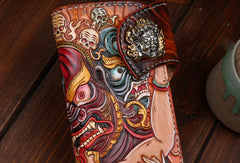 Handmade Long leather biker wallet trucker leather chain God Mahakala Carved Tooled wallet