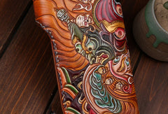 Handmade Long leather biker wallet trucker leather chain God Mahakala Carved Tooled wallet - EverHandmade