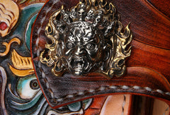 Handmade Long leather biker wallet trucker leather chain God Mahakala Carved Tooled wallet - EverHandmade