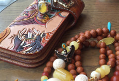 Handmade Long leather biker wallet trucker leather chain God Mahakala Carved Tooled wallet - EverHandmade