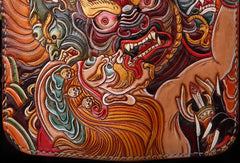 Handmade Long leather biker wallet trucker leather chain God Mahakala Carved Tooled wallet - EverHandmade