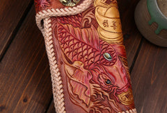 Handmade leather biker trucker wallet leather chain men carp Brown Carved Tooled wallet - EverHandmade