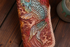 Handmade leather biker trucker wallet leather chain men carp Brown Carved Tooled wallet - EverHandmade