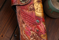 Handmade leather biker trucker wallet leather chain men carp Brown Carved Tooled wallet - EverHandmade