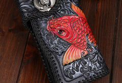 Handmade leather Long Black biker trucker wallet leather chain men red carp Carved Tooled wallet - EverHandmade