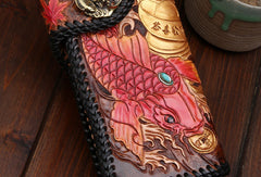 Handmade leather Long biker trucker wallet leather chain men carp Black Carved Tooled wallet