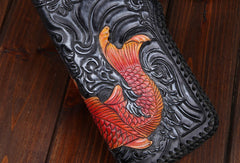 Handmade leather Long Black biker trucker wallet leather chain men red carp Carved Tooled wallet - EverHandmade