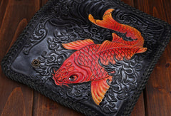 Handmade leather Long Black biker trucker wallet leather chain men red carp Carved Tooled wallet - EverHandmade