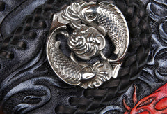 Handmade leather Long Black biker trucker wallet leather chain men red carp Carved Tooled wallet - EverHandmade