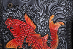 Handmade leather Long Black biker trucker wallet leather chain men red carp Carved Tooled wallet - EverHandmade